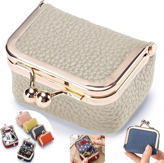 Genuine Leather mini Jewelry box, Portable Travel Jewelry case - Vintage mini Organizer with Kiss Lock for Rings, Earrings, Necklace, Bracelet | Gift for Women (Elephant gray S 2.56in)