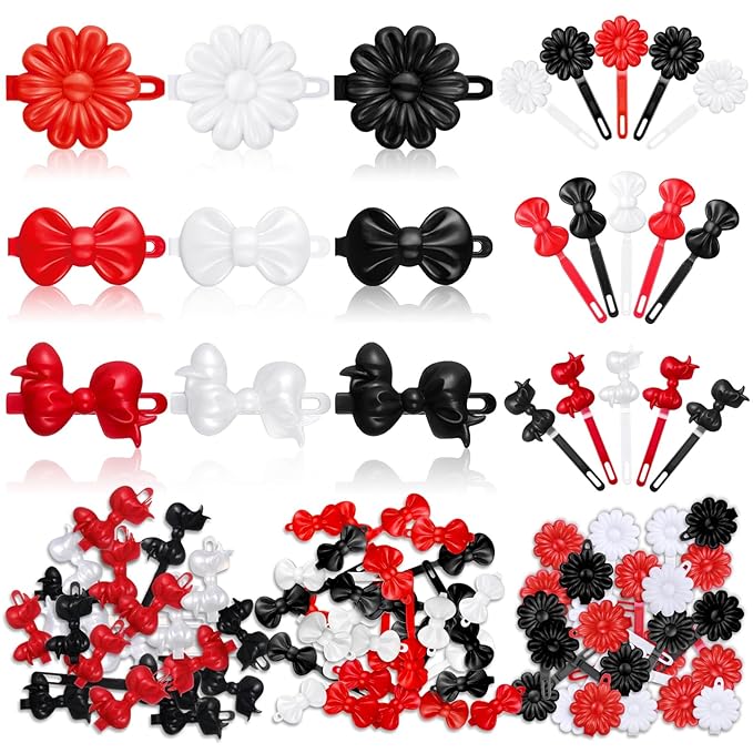 Janinka 72 Pieces Self-Hinged Plastic Barrettes - 80s/90s Retro Cartoon Hairpins in Colorful Designs for Toddlers (Black, White, Red, Classic)
