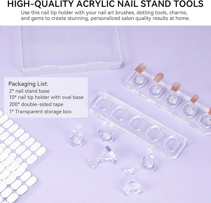 Non Magnet Nail Stand for Press On Nails Holder Painting Practice Display Fake Nails, Nail Tip Holders with Oval Stand Base for Handheld Diy Design & 200pcs Double-Sided Tapes Home Salon