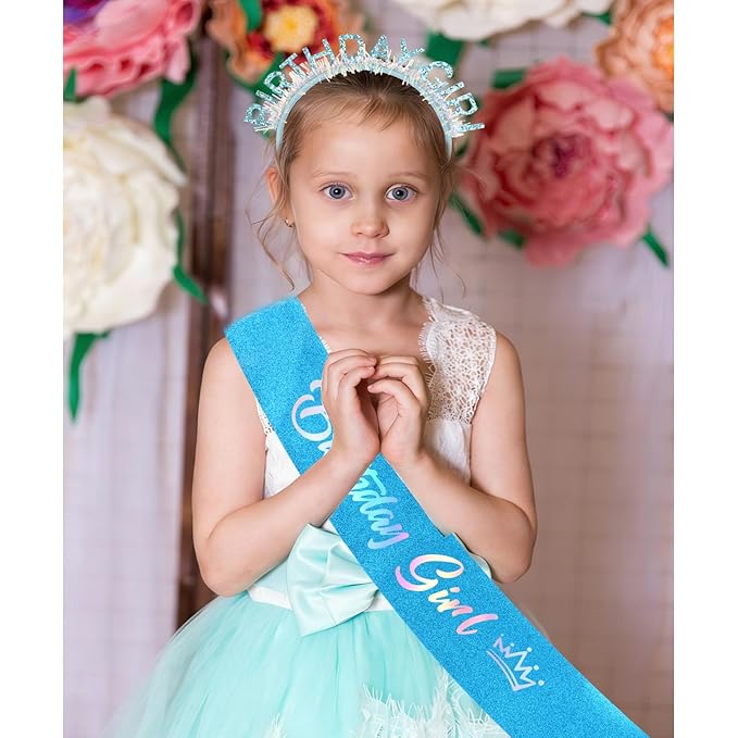 CIEHER Blue Birthday Girl Headband & Birthday Sash for Women Girls Decorations & Party Favors