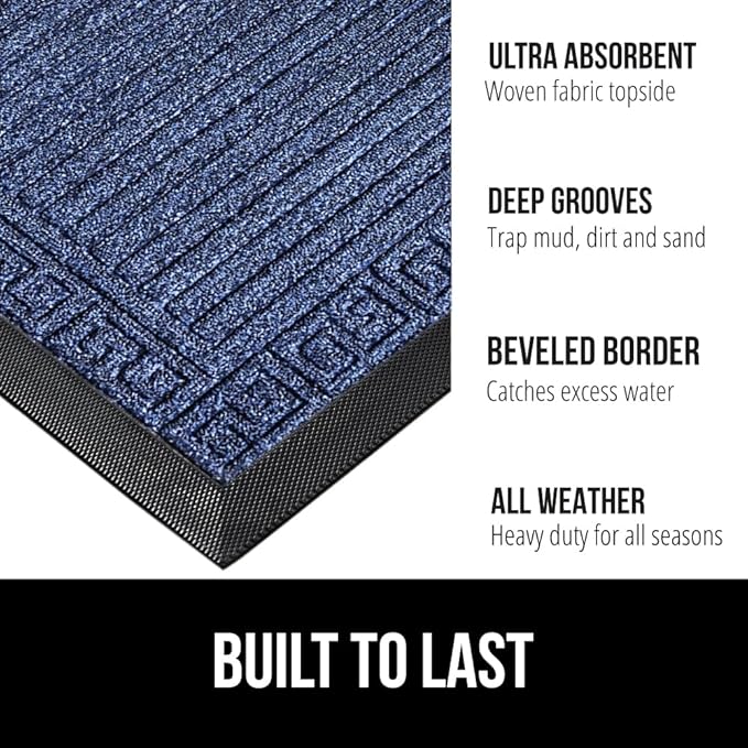 GORILLA GRIP 100% Waterproof All-Season WeatherMAX Doormat 35x23, US Designed Natural Rubber, Stain and Fade Resistant, Low Profile Indoor Outdoor Door Mats, Easy Clean Patio Mat, Navy Greek Keys