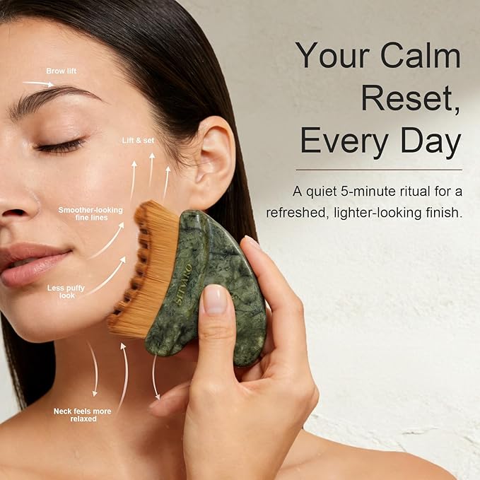 Lymphatic Contour Face Brush, Dual-Ended Dry Brush + Cool-Touch Jade Gua Sha Edge, 0.075mm Ultra-Soft Bristles Gua Sha Facial Tools, for Lymphatic Drainage, Less Puffy Look, Sculpt & Relax