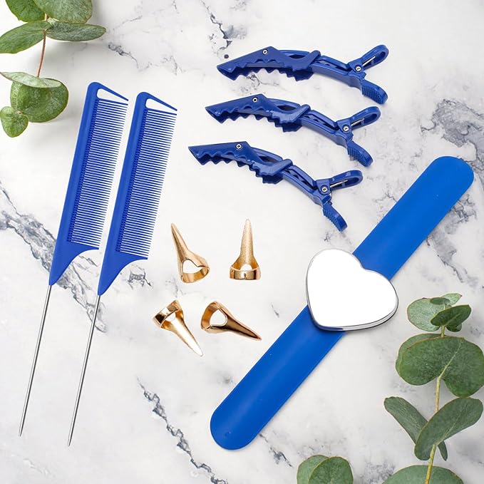 17 Pieces Hair Parting Tools Set Heart, Included 8P Hair Parting Ring 2P Metal Rat Tail Comb 6P Hair Sectioning Clip with 1P Magnetic Wrist Sewing Pin Holder for Braiding (Blue)