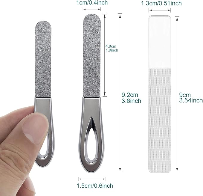 Toenail File for Thick Toenails, 3.6 Inch Stainless Steel Diamond Metal Finger Nail Files for Men and Women, Comes with Glass Polisher Set