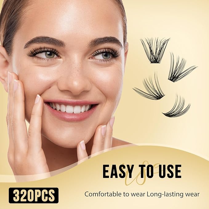 QUEWEL Lash Clusters 320Pcs Cluster Lashes 35D+45D C Curl Lash Cluster Eyelash Extensions Mix9-16mm Individual Eyelashes Clusters Wispy Lash Clusters Thin Band Soft to Use at Home(35D+45D C Mix9-16)