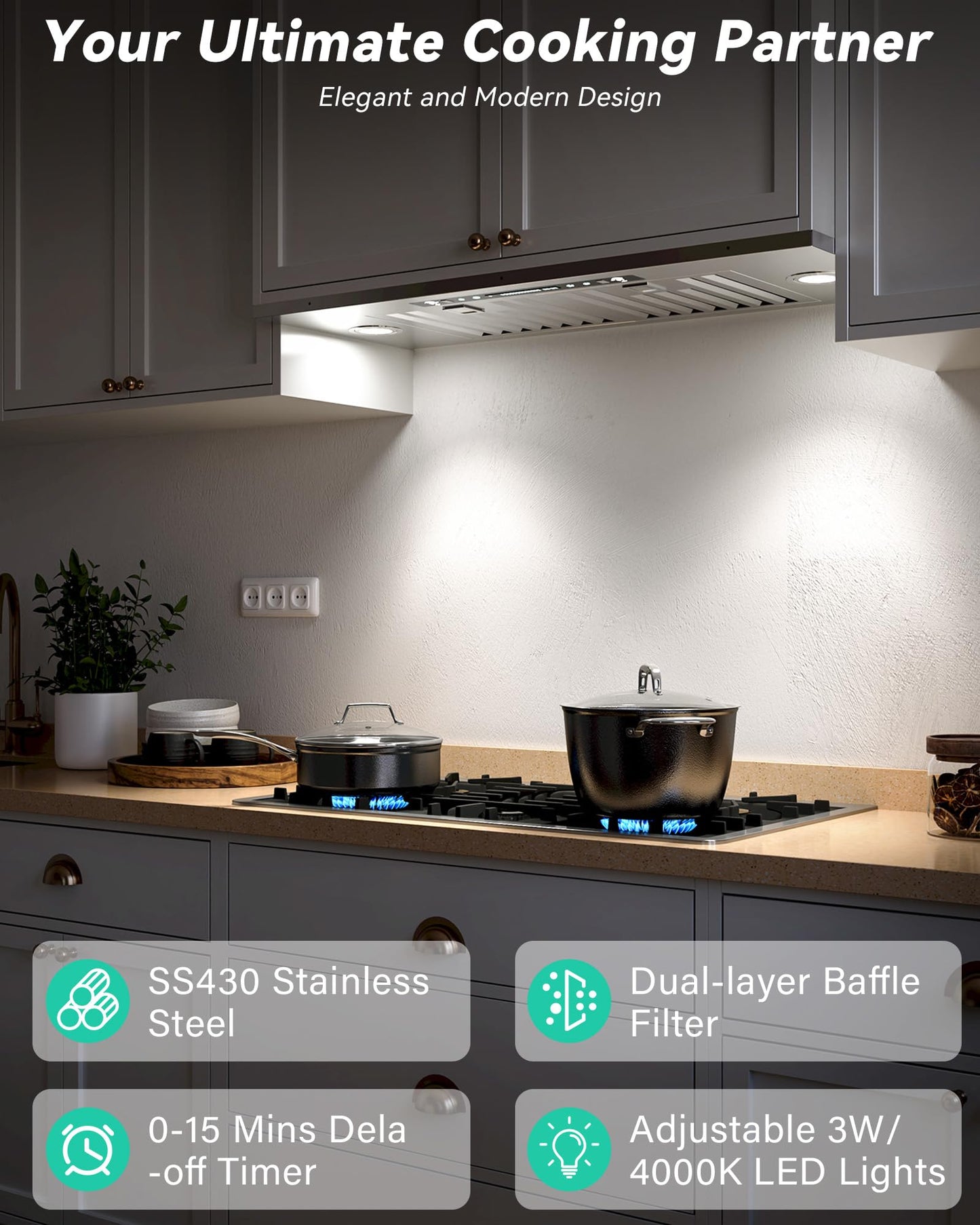 FlyPine 30 inch Stainless Steel Insert Range Hood - 900 CFM, Gesture Control, Ultra-Quiet 4-Speed Vent, LED Lights, Ducted/Ductless Convertible
