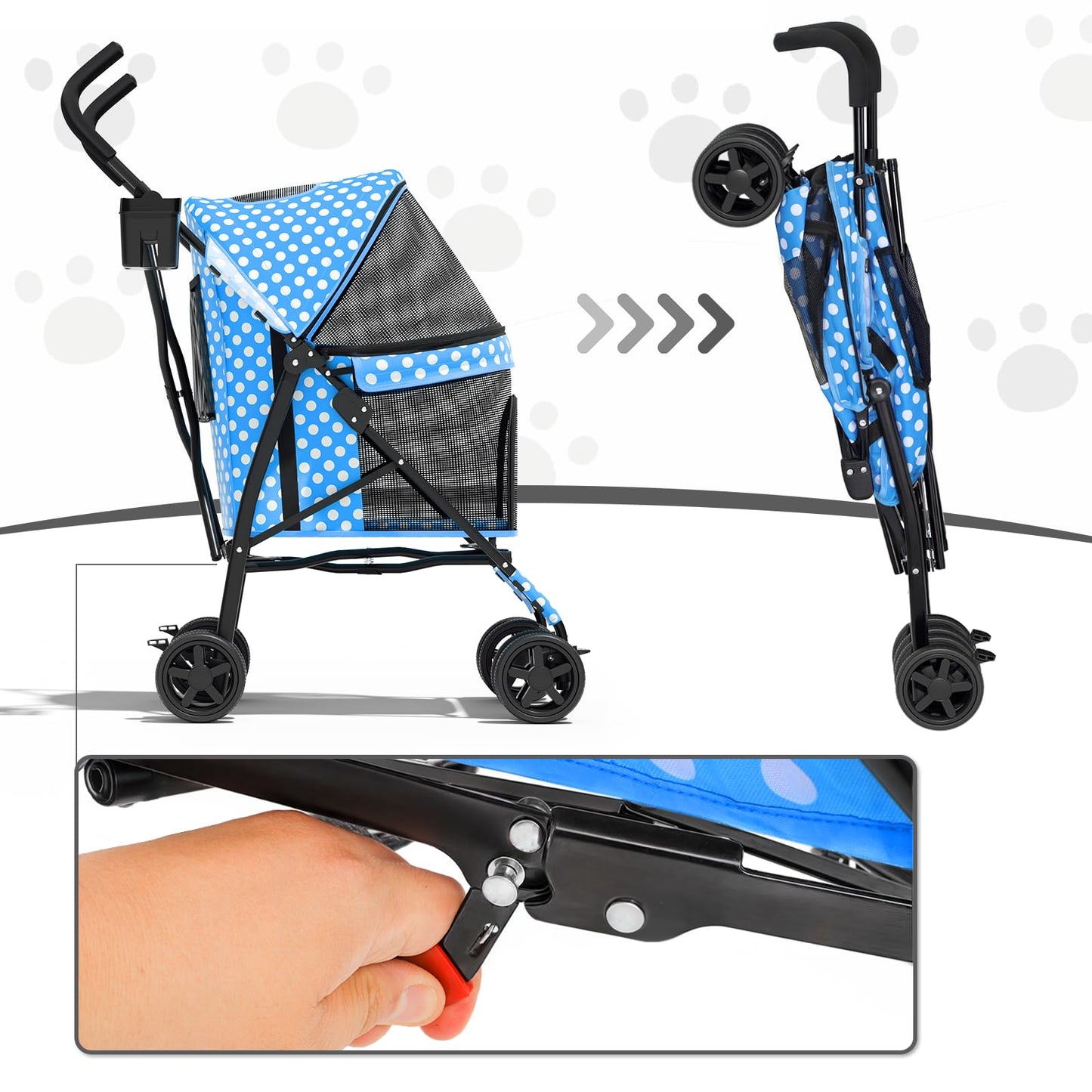 MoNiBloom 4 Wheels Pet Stroller, Easy-Fold Umbrella Shaped Dog Cat Jogger Stroller w/Storage Bag & Visible Mesh for Small/Medium Dogs Cats Sky Blue Polka Dots