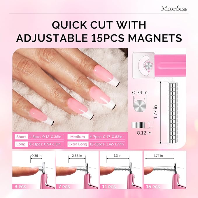 MelodySusie Acrylic Nail Clippers with 15pcs Magnet Sizers, Professional Nail Clippers Cutters for Long Acrylic Gel Nails Tips, Adjustable Stainless Nail Trimmer, Manicure Tool for Salon Home, Pink
