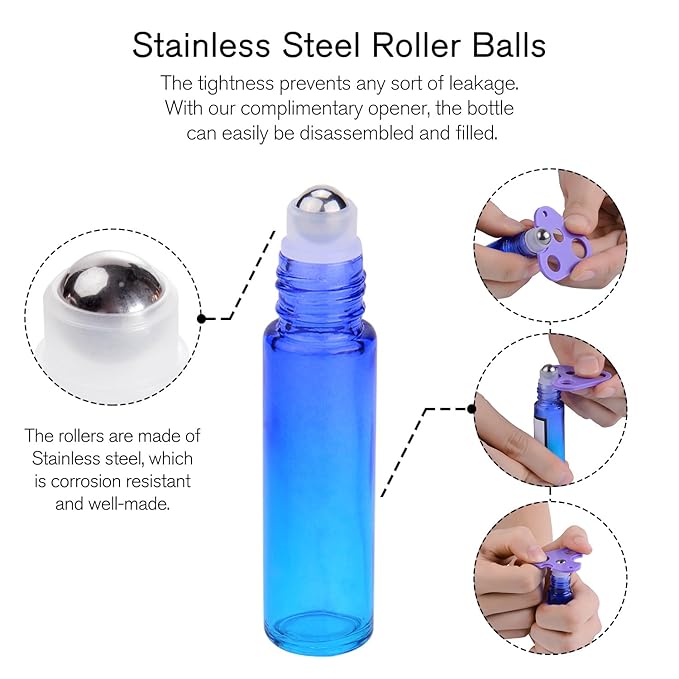 PrettyCare 12 Pack, 10 ml Essential Oil Roller Bottles with Stainless Steel Roller Ball - Refillable Leak-proof Empty Thick Rainbow Glass Roll on Bottles with Metal Caps for Travel, Perfume