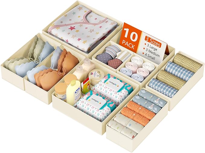 DIMJ Drawer Organizer Clothes 10 Pack - Foldable Baby Organizers and Storage & Dresser Organizer for Bedroom, Closet - Nursery Organization Dresser Dividers for underwear, Sock,Bra, Belt, Tie, Beige
