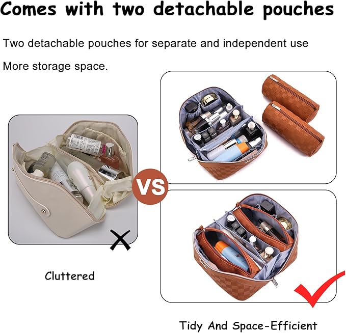 BOYATU Travel Makeup Bag Organizer Cosmetic Bag: 3 Pcs Set Make up Bags for Women with Handle - Waterproof Vegan Leather Toiletry Bags Travel Essentials Pouch with Compartments (03-A-Brown)