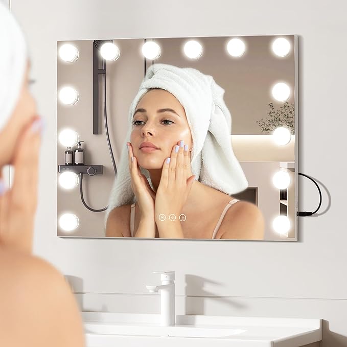 Vanity Mirror with Lights Lighted Makeup Mirror with Dimmable LED Bulbs,3 Color Lighting Modes,USB Charging Port Touch Control,Sturdy Metal Frame Design,White (50x40cm, 4.70)