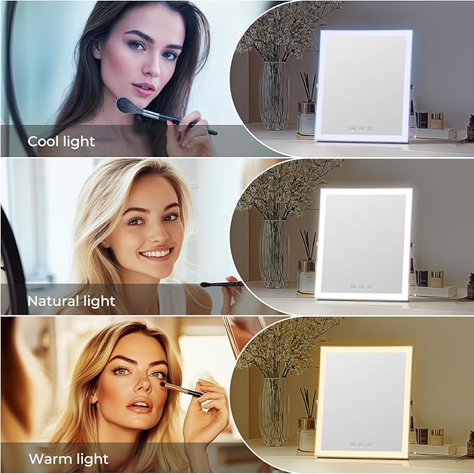 Vanity Mirror with Lights,10"x12" Lighted Makeup Mirror with 3 Color Modes & Dimmable, 360ÃÂ° Rotation Desk Mirror, Dual Power Supply, Smart Touch Control with Settings Memory (White)