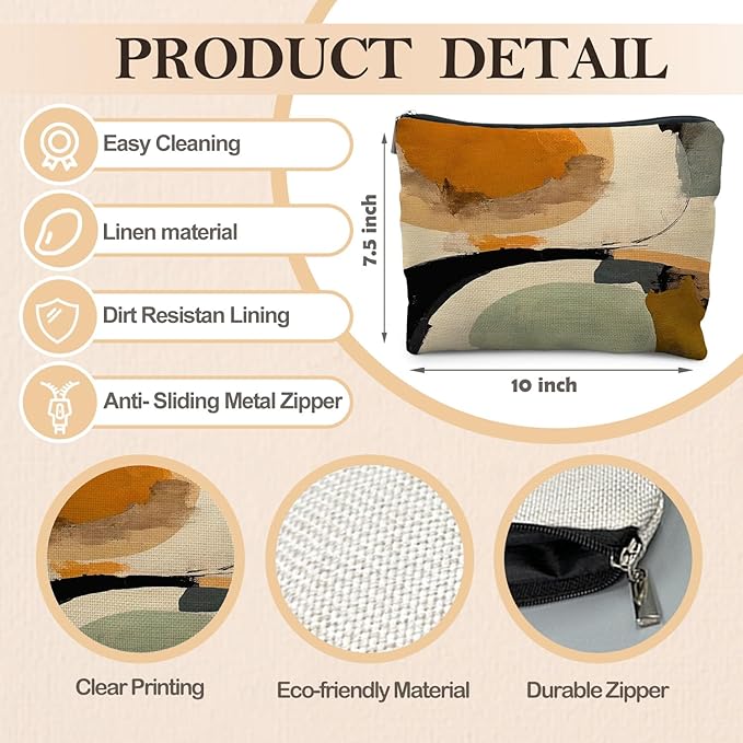 Abstract Japandi Art Makeup Bag, Modern Minimalist Boho Neutral Cosmetic Bags for Women, Boho Gifts for Women, Mid Century Modern Zipper Makeup Pouch