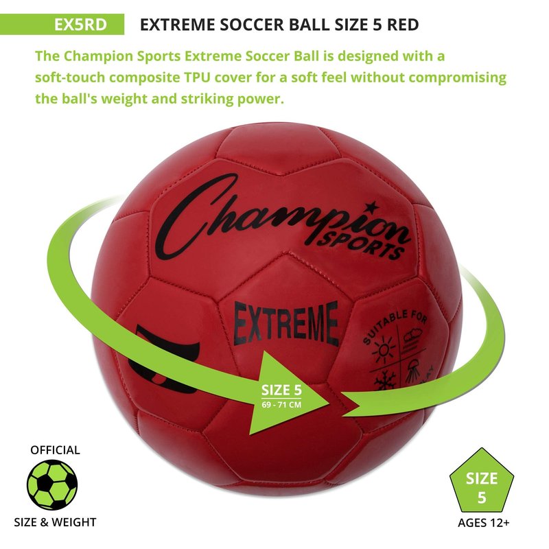Champion Sports Extreme Series Soccer Ball, Regulation Size 5 - Collegiate, Professional, and League Standard Kick Balls - All Weather, Soft Touch, Maximum Air Retention - For Adults, Teenagers, Red