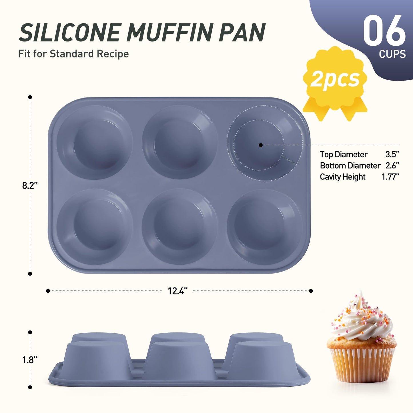 2 Pack 6 Cups Jumbo Muffin Pan with Metal Reinforced Frame Silicone Molds Egg Bites Silicone Circle Cookie Molds Extra Large Muffin Tin Jumbo Tart Pans Baking Sheet Set for Sandwiches