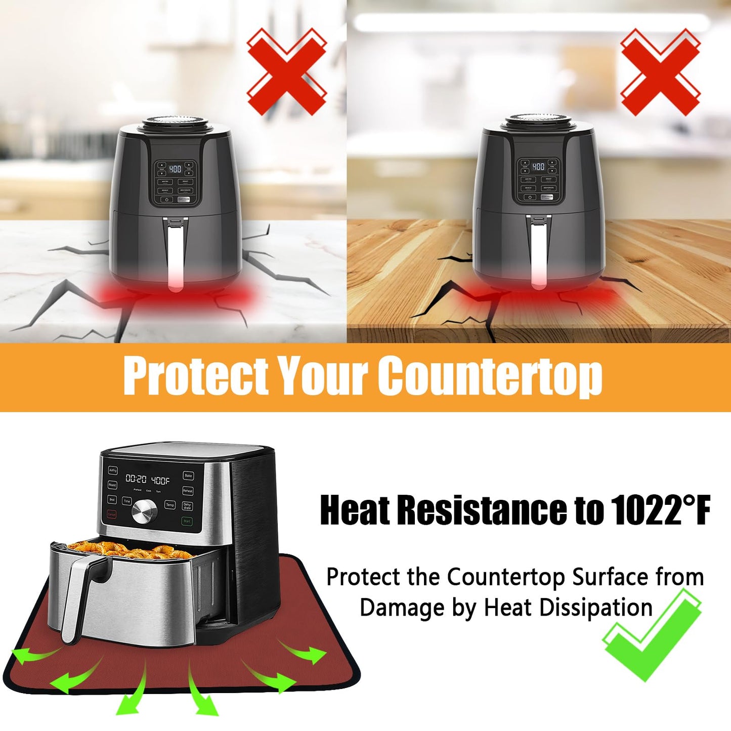 Amerbro Heat Resistant Mats for Countertop - Firproof 15x18 in Heat Resistant Mats for Air Fryer - Kitchen Countertop Protector for Air Fryer, Coffee Maker, Stand Mixer, Toaster, Oven 2PCS - Red