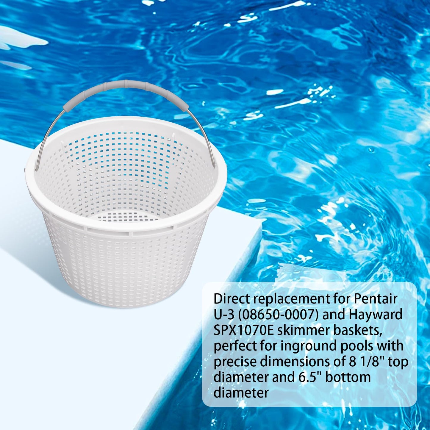 Neowah 8" Pool Skimmer Basket for Inground Pool, Compatible with Pentair U-3 Skimmer Basket 08650-0007 and Hayward SP1070 SPX1070E Pool Basket,with Built-in Brass Weight, Handle and Rubber Grip