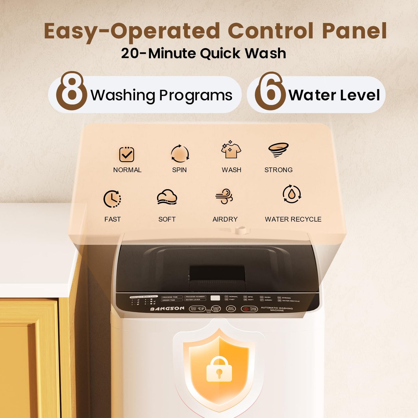 BANGSON Portable Washing Machine, 1.08 cu.ft Portable Washer with LED Display, Built-in Drain Pump, 8 Cycles, Mini Washer for Home, Apartment, Dorm, White