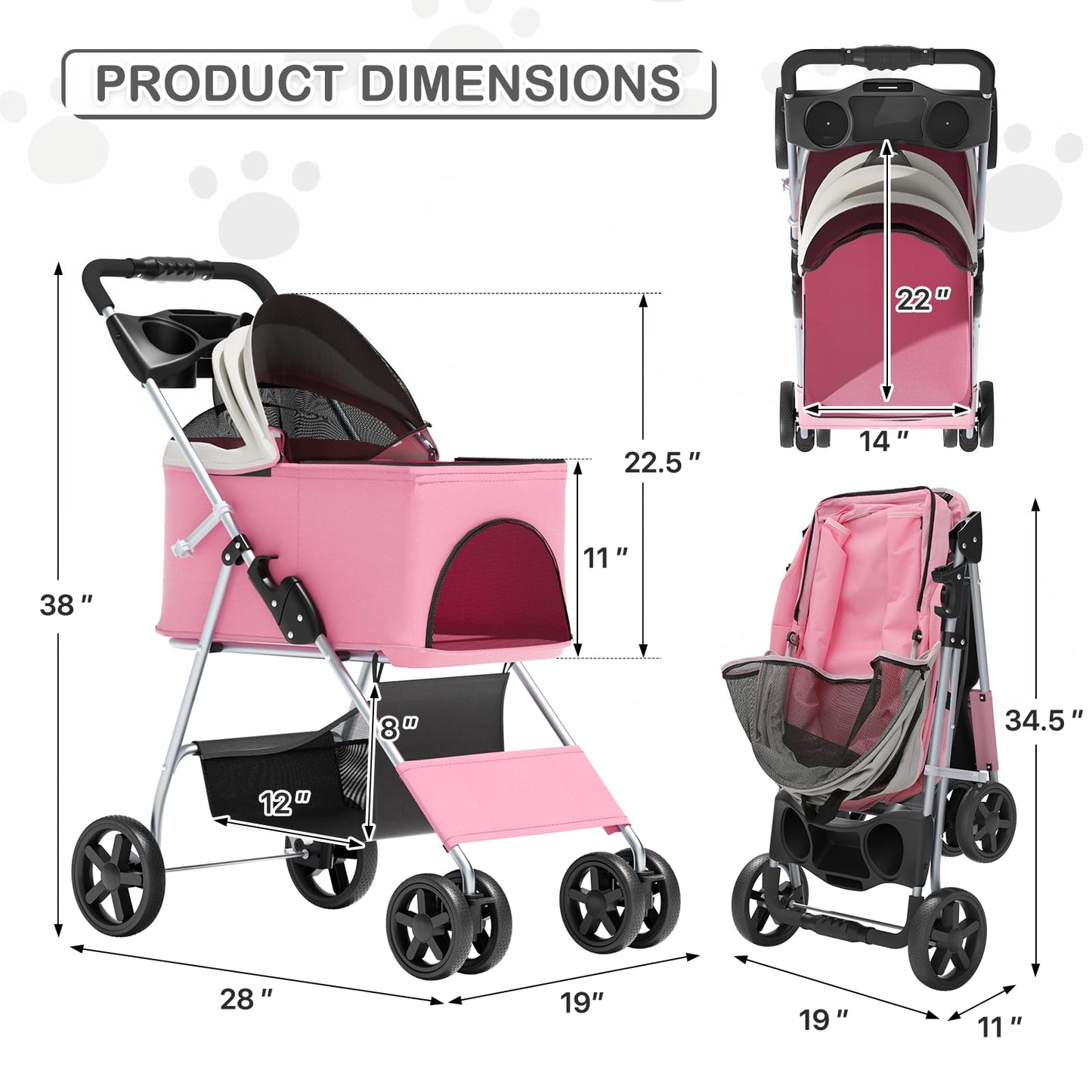 MoNiBloom 3 in 1 Foldable Pet Stroller for Small & Medium Dogs, Detachable Carrier, Car Seat, Push Button Entry, 4-Wheel Jogger for Pets up to 33 lbs, Pink