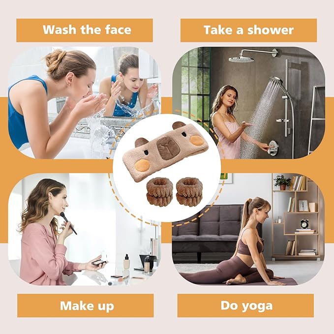 3PCS Spa Headband Capybara Headband with Face Wash Wristband Set, for Washing Face Absorbent Spa Wristbands Wrist Scrunchies Face Washing Wristbands