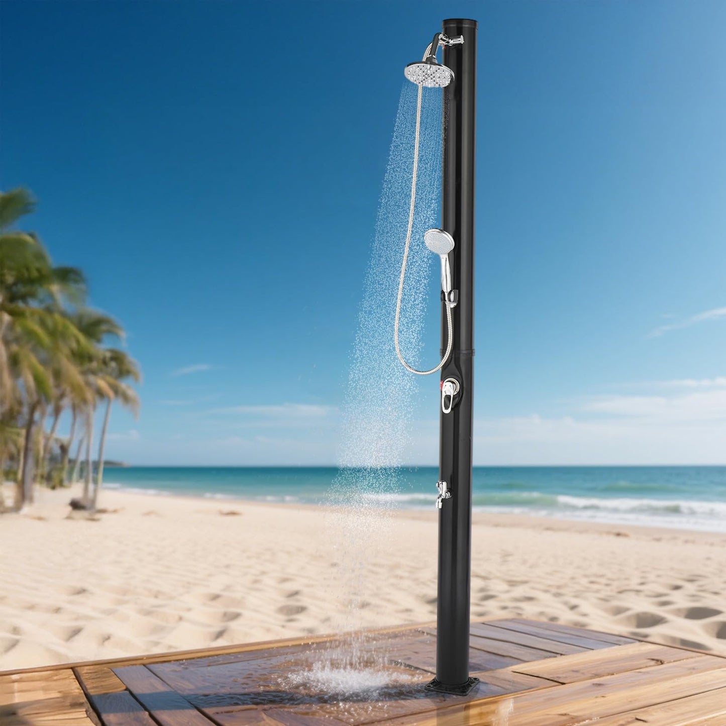 VINGLI 5 Gallon Solar Heated Outdoor Shower, 7.2 FT Height, Freestanding Outside Shower with 360° Swivel Shower Head & Foot Faucet, Hot & Cold Water Adjustment, Black