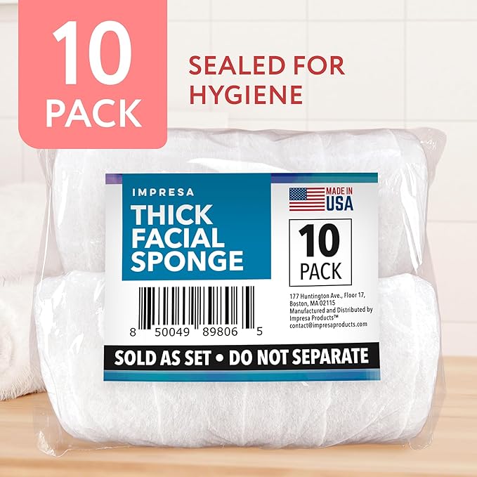 IMPRESA Facial Exfoliating Pads - Deep Cleansing Facial Sponges - Daily Exfoliation Face Scrubbers - Extra Thick Face Sponge - White, Pack of 10