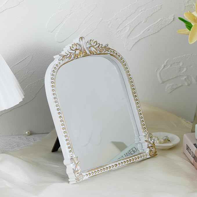 Antique White Plastic Arched Makeup Mirror, Standing, Hanging or Wall Mount, Bathroom, Living Room, Bedroom White and Gold Decorative Mirror (10.6 x 8.6 inch)