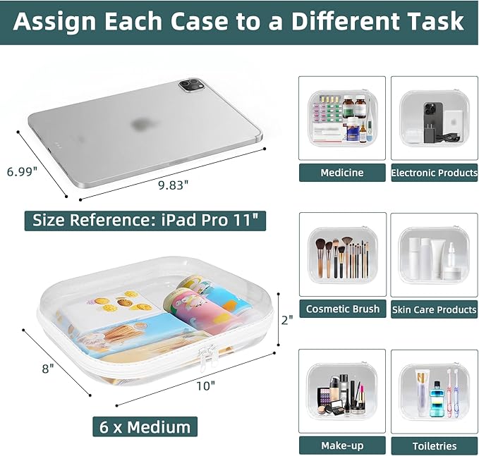 Clear Hard Shell Zipper Cases (6 Packs), Plastic Hard Sided Zippers Pouches Clear Hardshell Pencil Case For Storage, Diaper Bag Organizer Bliss Bins 6*Medium