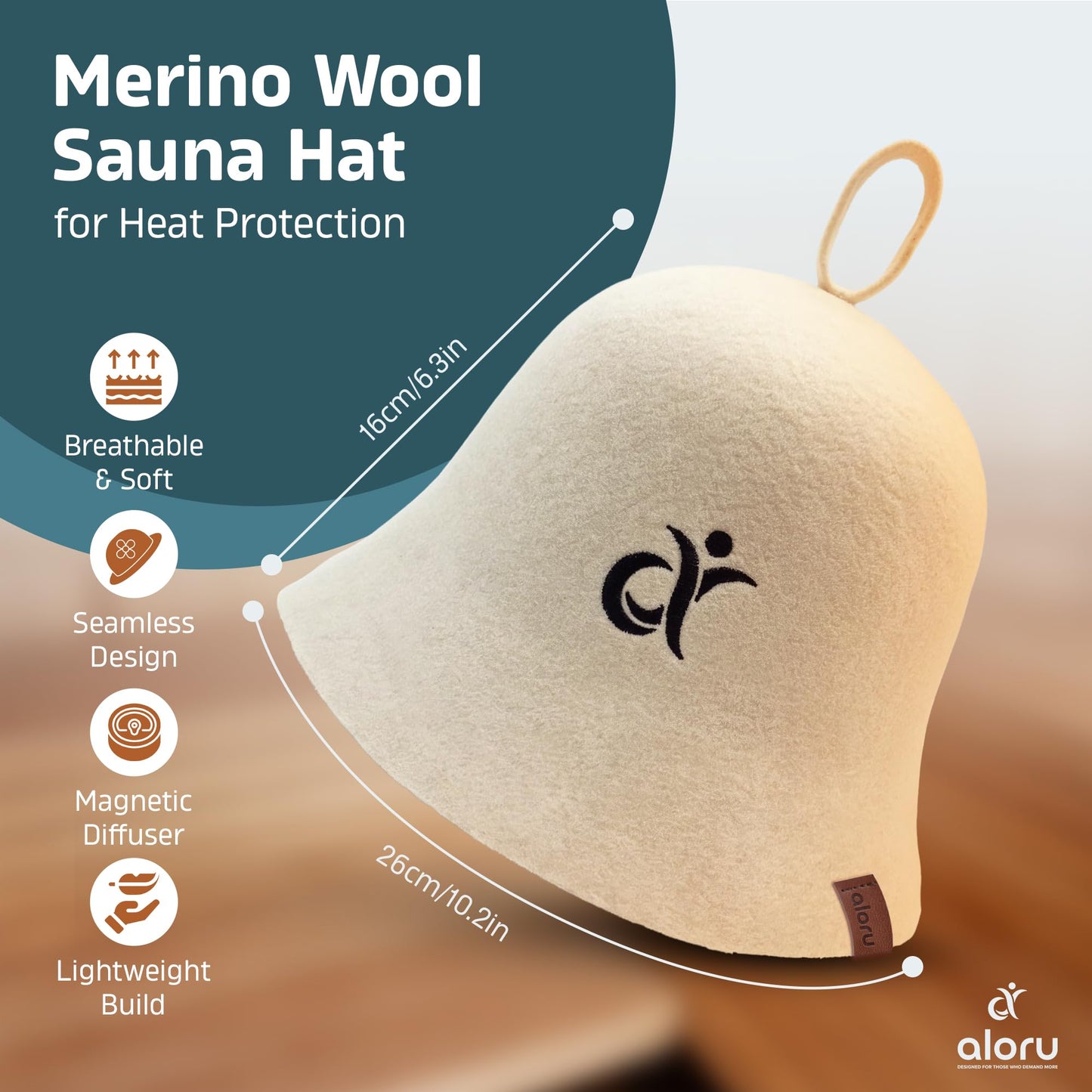 100% Merino Wool Sauna Hat for Women & Men with Aroma Diffuser, Ultra Soft Heat Protection for Hair & Scalp, Lightweight Merino Wool Sauna Cap, Hanging Loop & Storage Bag Included
