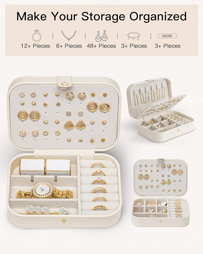 VLANDO Travel Jewelry Case for Women Girls, Gifts for Mother, PU Leather Small Jewelry Box for Rings, Necklaces, Bracelets, Earring Holder Organizer Storage for Travel Essentials - Beige
