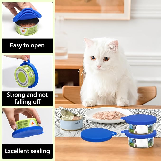 PINE & LINEN 4 Pcs Durable Pet Can Lids,One fit 3 Standard Size Silicone Waterproof Cat Food Cans Lids for 3oz/5.5oz/12.5oz/13.2oz Cat Food Cans（Blue）