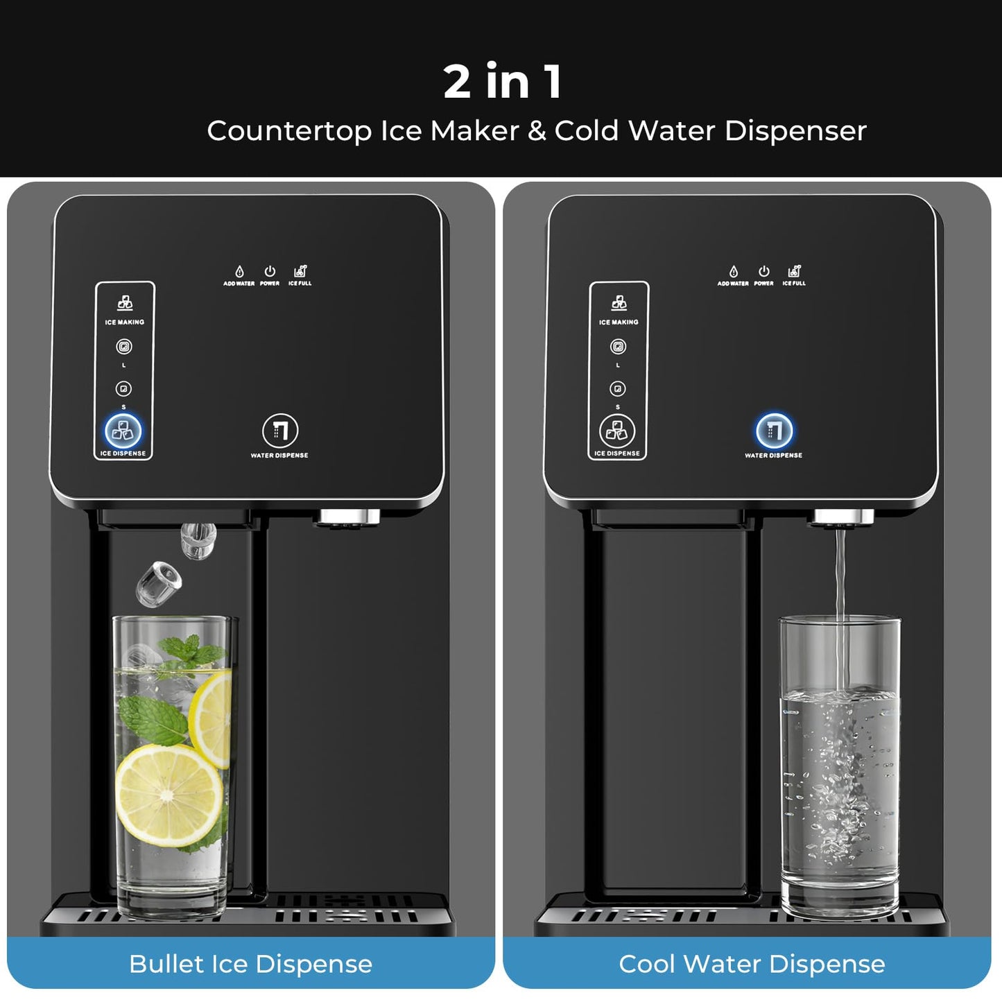 Antarctic Star Countertop Ice Maker & Cold Water Dispenser, 3.3L Removable Water Tank, 9 Bullet Ice Cubes per 8 Mins, 26lbs/24H, 2 Ice Size Options, Ideal for Home/Office/Dorm