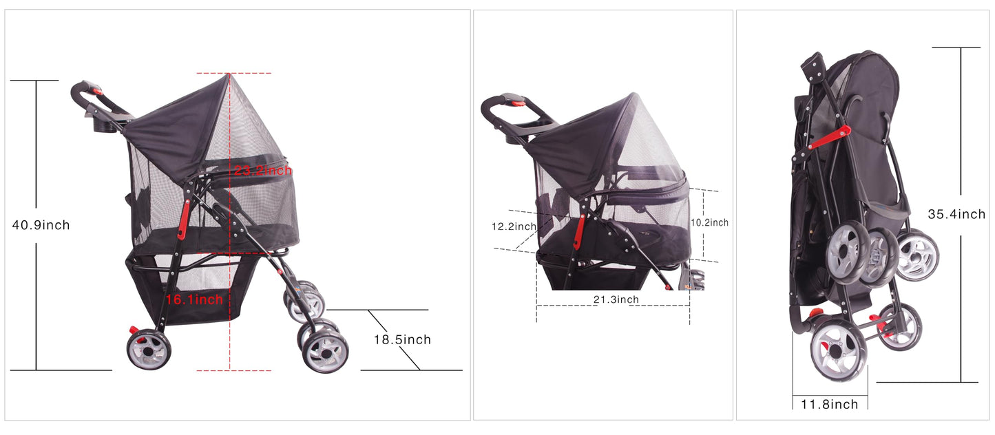 FOURPAW Full-Window pet Stroller 4 Wheels for Cats & Dogs, with Storage Basket,Cup Holder, Travel Puppy/Cats Stroller.