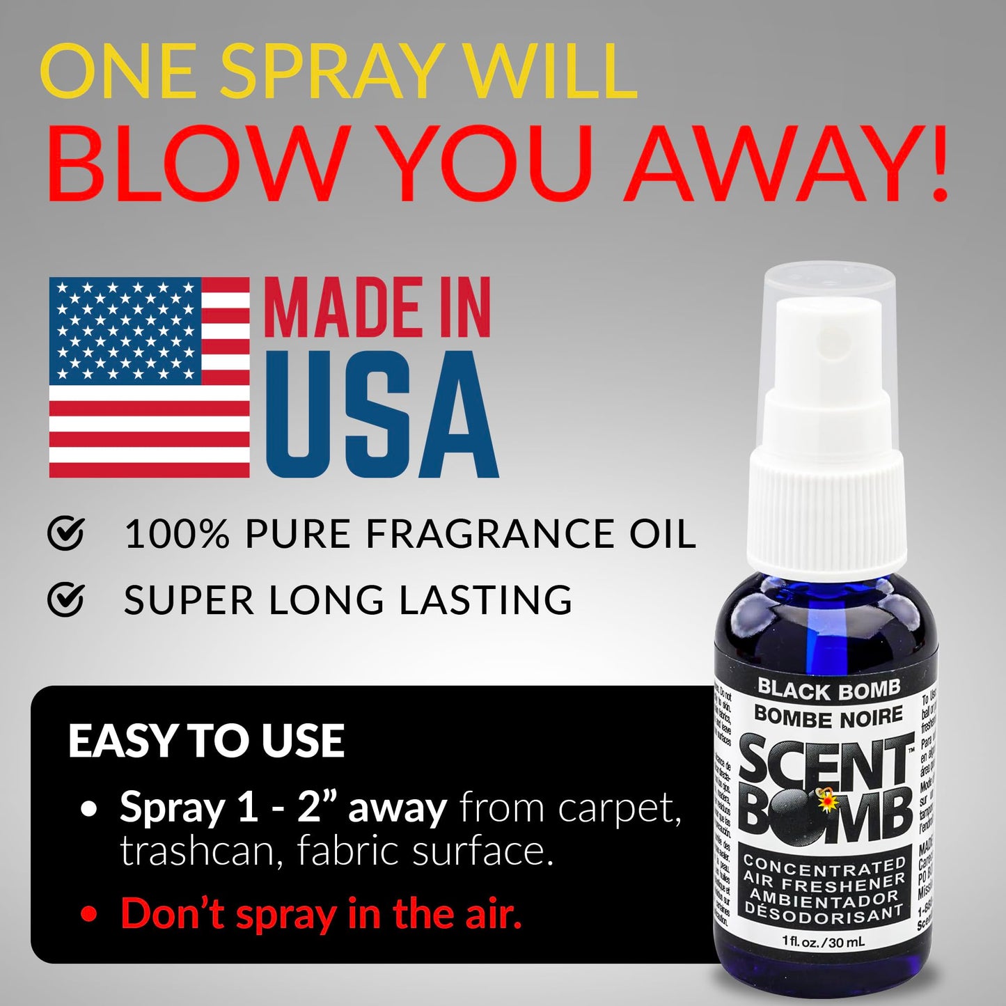 Scent Bomb Air Freshener Spray, Long-Lasting Odor Eliminator - Effective Deodorizer for Home & Car, Fresh Room Spray for Kitchen, Bathroom & Smell Neutralizer - 1 oz Pack of 4, Black Bomb Scent