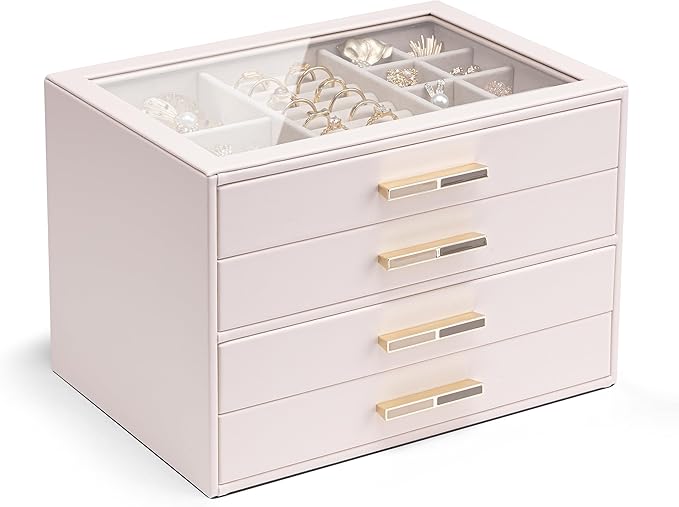 Vlando 4 Layer Jewelry Box for Women, Glass Lid Jewelry Organizer with 4 Drawers for Necklaces Rings Earrings Bracelets - Light Pink