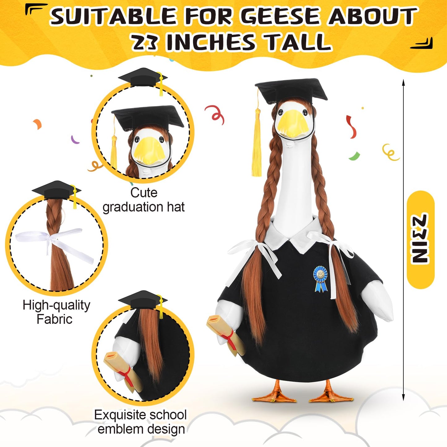 Abbylike Graduation Porch Goose Outfits Graduation Cap with Gold Tassel and Wig Yard Goose Costume Clothes Fits Large 23'' Cement for Garden Yard Statue Lawn Pathway Decorations
