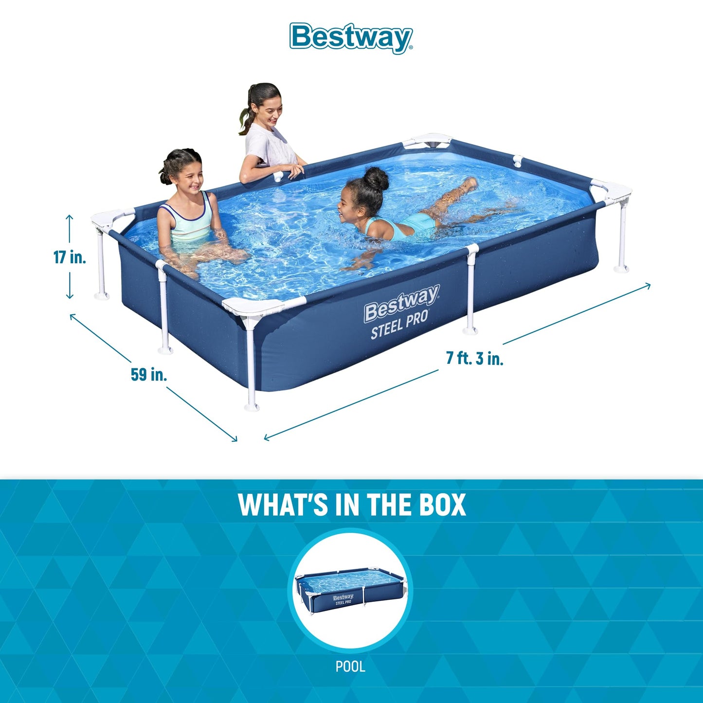 Bestway Steel Pro 87 Inch x 59 Inch x 17 Inch Rectangular Metal Frame Above Ground Outdoor Backyard Swimming Pool, Blue (Pool Only)