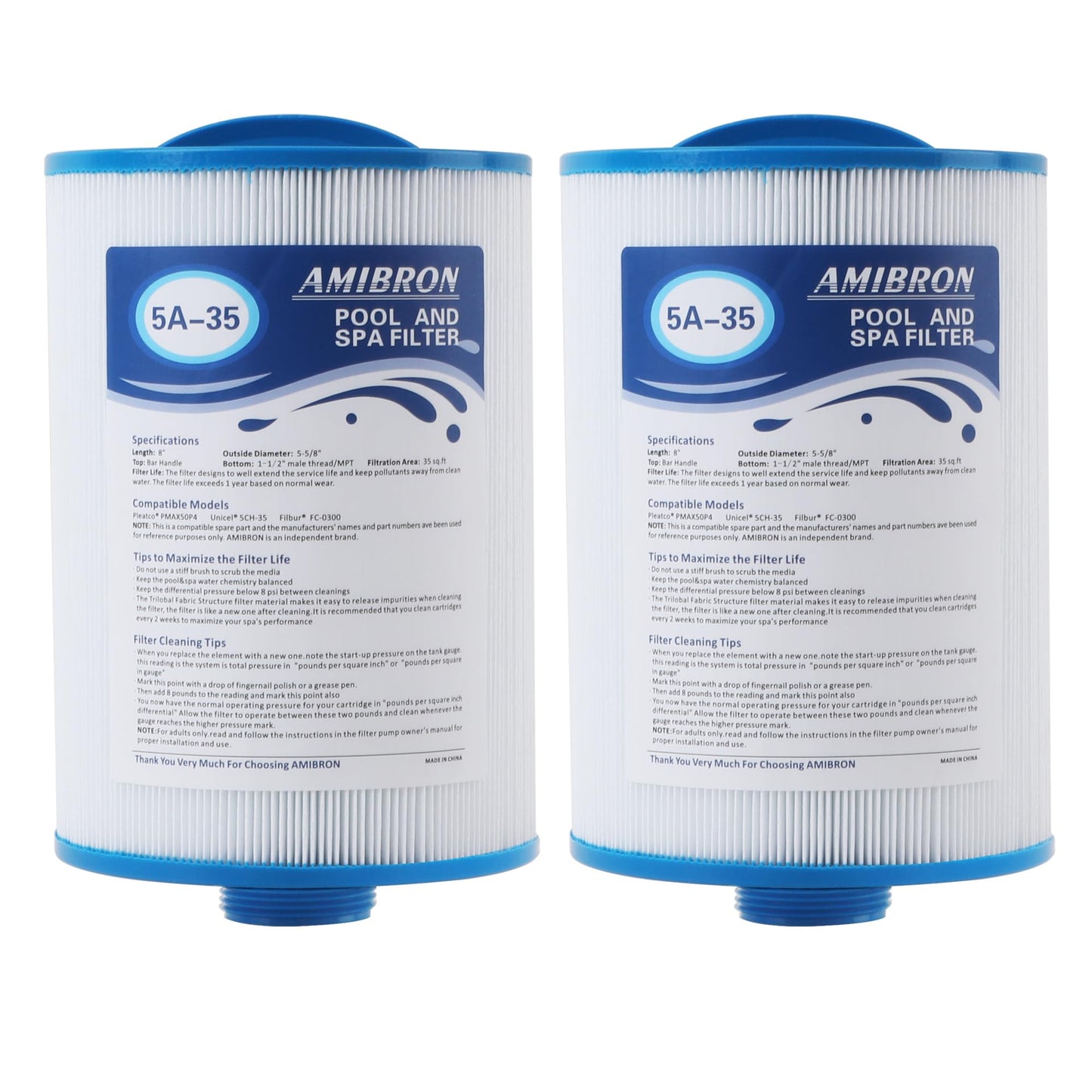 AmiBron PMAX50 Spa Filter, Compatible with PMAX50P4, PAS35P, FC-0300, 5CH-35, SD-00779, Replacement for Maax Spas of Canada, 1-1/2" Male Fine Thread 35 sq.ft. Hot Tub Filter 2 Pack