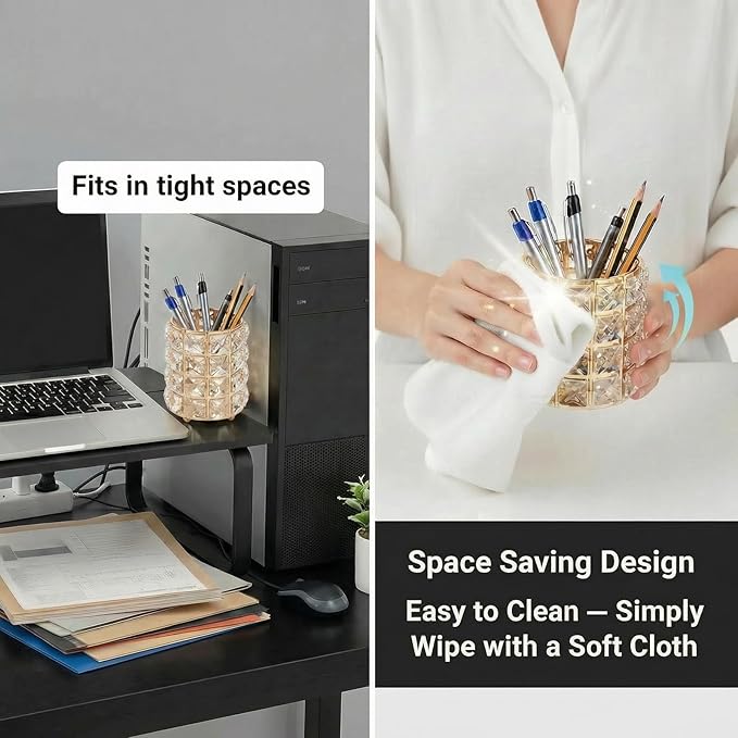 YAGELI Crystal Pen Holder for Desk, 3.58" Gold/Silver Metal Pencil Cup, Elegant Office Desk Accessories for Women, Modern Home Office Decor, Teacher Gift - Compact Vanity Makeup Brush Organizer(Gold)