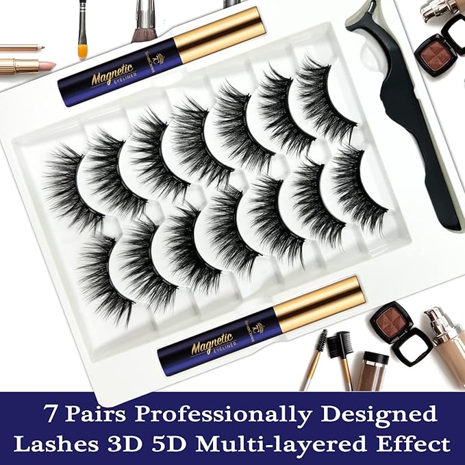 Magnetic Eyelashes Natural Look, 7 Pairs Reusable Cat-eye Full volume Magnetic Lashes with 2 Tuble Magnetic Eyeliner & Applicator,Long Lasting, Cruelty-Free,Easy to Apply