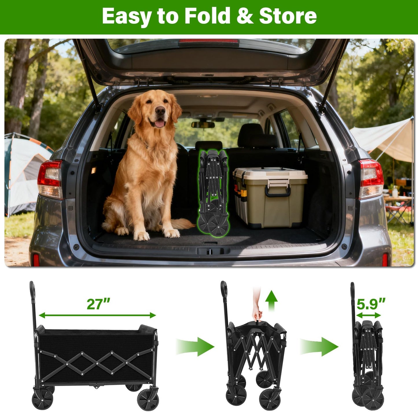 Folding Wagon Cart with All-Terrain Wheels – Heavy Duty Collapsible Utility Wagon for Grocery, Sports, Garden, Camping, Shopping (Black 360LBS)