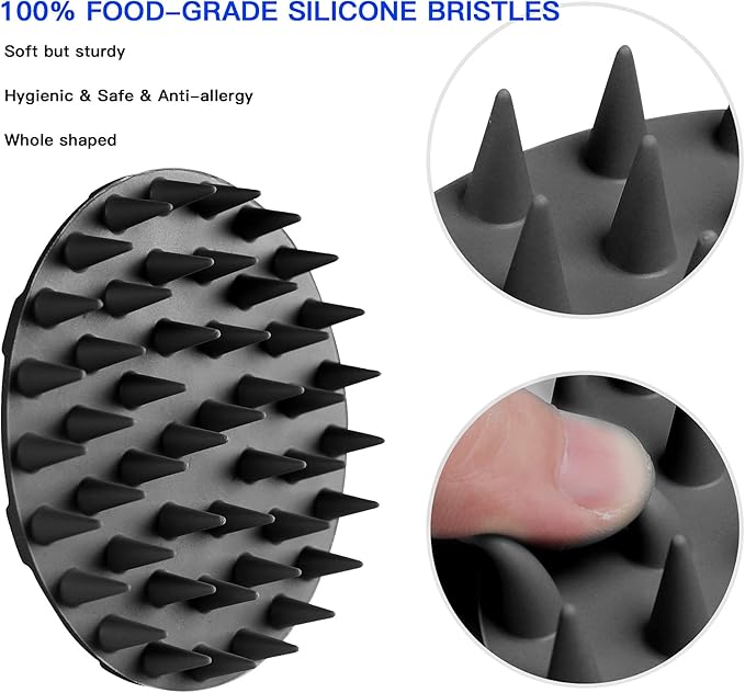 INNERNEED Food-Grade Soft Silicone Body Scrubber Shower Brush, with Scalp Massager Shampoo Brush, Wet & Dry Manual Scalp Care Hair Washing (Black)