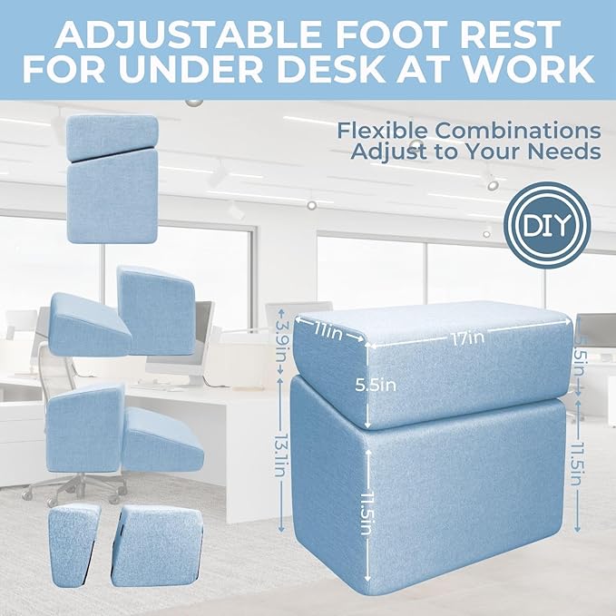 Blue Adjustable Foot Rest for Under Desk at Work – Ergonomic Memory Foam Footrest Pillow with Washable Cover, DIY Height Adjustment for Office Chair, Gaming&Home Use (Sky Blue)