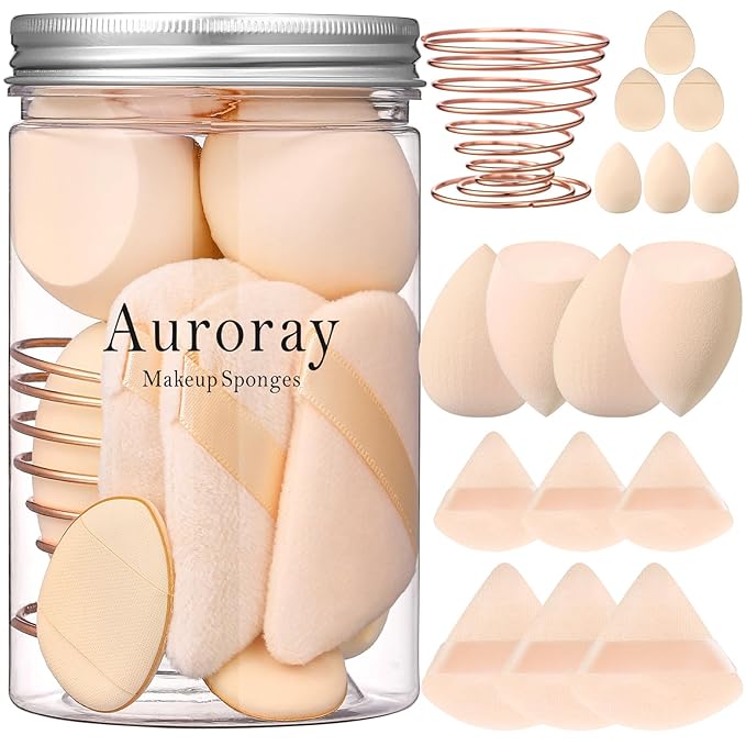 17PCS Makeup Sponges Set with 6PCS Powder Puff, 3PCS Mini Makeup Sponges Blender, 3PCS Foundation Mini Make Up Sponge Puff and 1PCS Make Up Sponges Holder