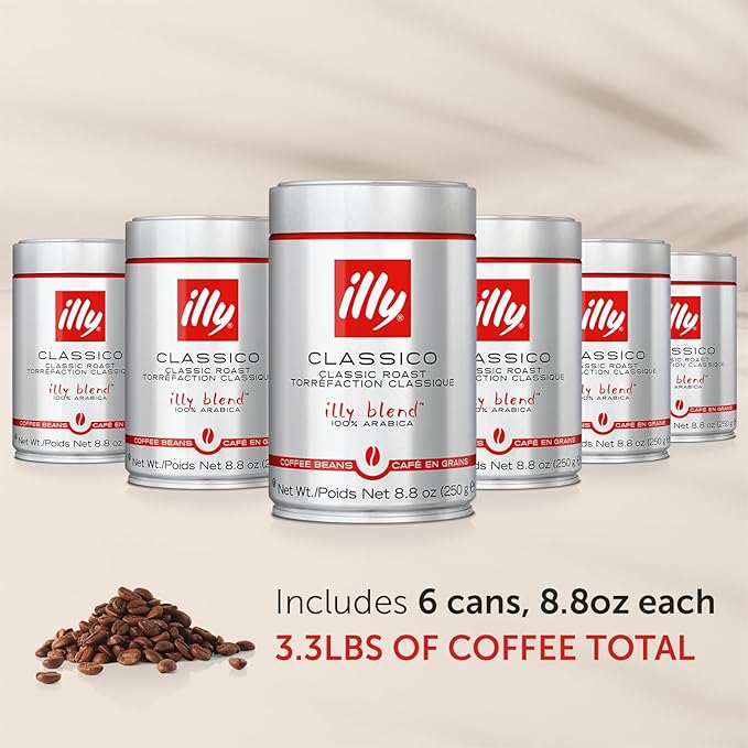 illy Whole Bean Coffee, Classico Medium Roast, 100% Arabica, Premium Italian Coffee, Ideal for Espresso, Drip, Moka and French Press Brewing, 8.8oz, 6 Pack