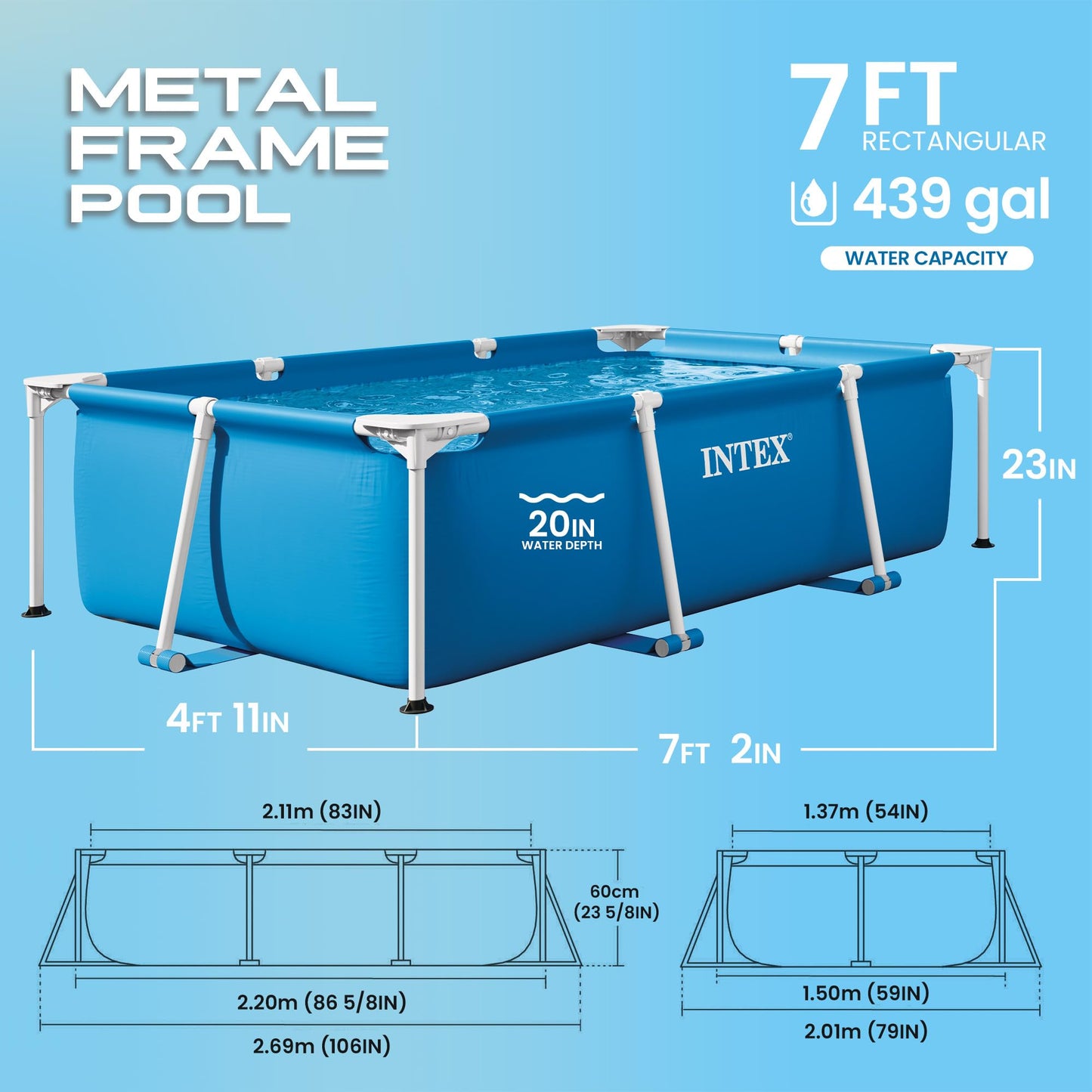 INTEX Rectangular Frame 7 ft 2 in x 4 ft 11 in x 23 in Above Ground Pool, Swimming Pool with Steel Frame, Pump Not Included