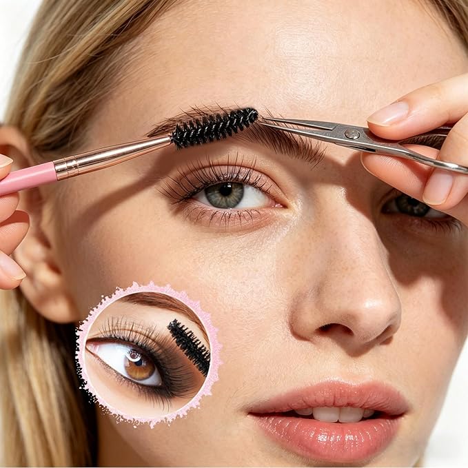 KINGMAS 3 Head Eyebrow Eyelash Shaper Eyelash Comb Double Head Spoolie Brushes Makeup Grooming Tool for Separating Lashes, Eliminating Mascara Clumps, Grooming and Shaping Brow (Pink)