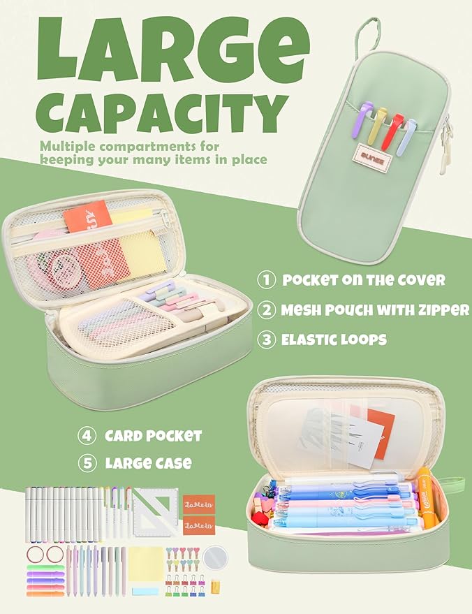 SUNEE Cute Pencil Case, Aesthetic Pen Pouch, Colored Large Pencil Bag with Zipper, Kawaii Stationery Storage and Organizer, School Supplies for Teen and Adult Girls, Green