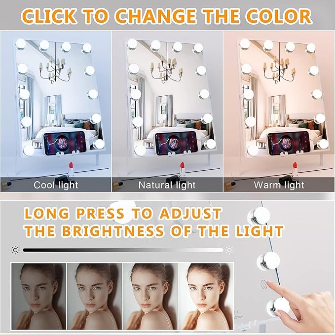 FENCHILIN Lighted Makeup Mirror Hollywood Mirror Vanity Makeup Mirror with Light Smart Touch Control 3Colors Dimmable Light Detachable 10X Magnification 360°Rotation(Ivory)